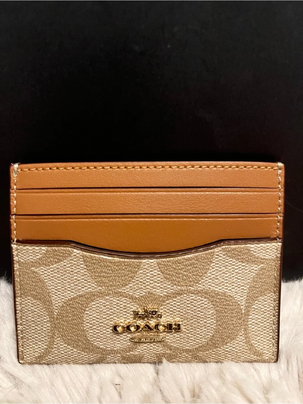 Coach Canvas Card Holder in Khaki & Saddle